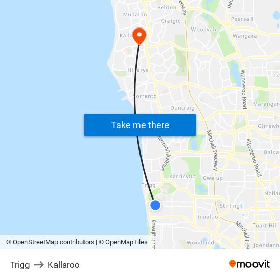 Trigg to Kallaroo map