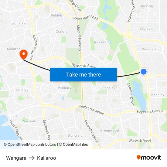 Wangara to Kallaroo map