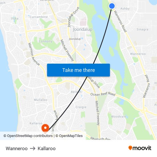 Wanneroo to Kallaroo map