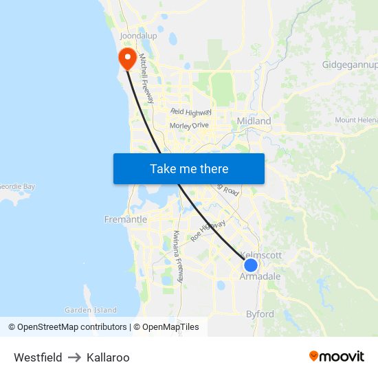 Westfield to Kallaroo map