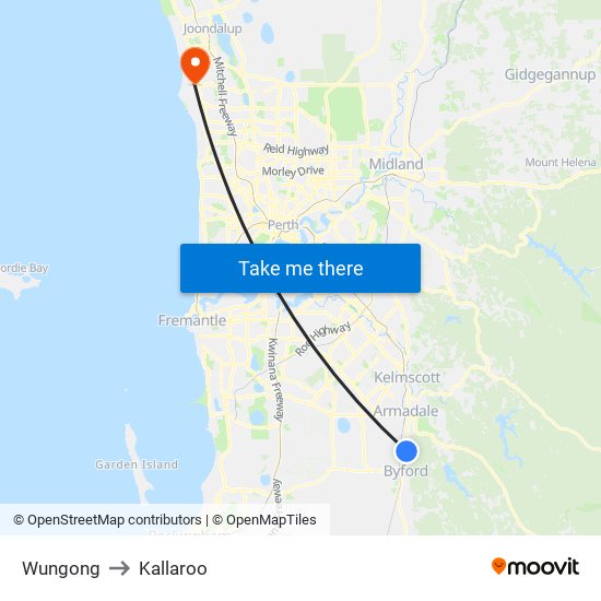 Wungong to Kallaroo map
