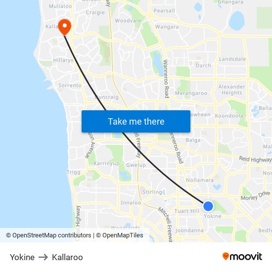 Yokine to Kallaroo map