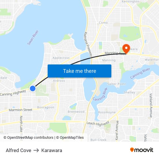 Alfred Cove to Karawara map