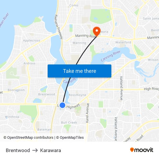 Brentwood to Karawara map