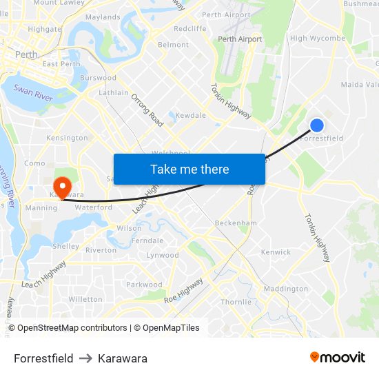 Forrestfield to Karawara map
