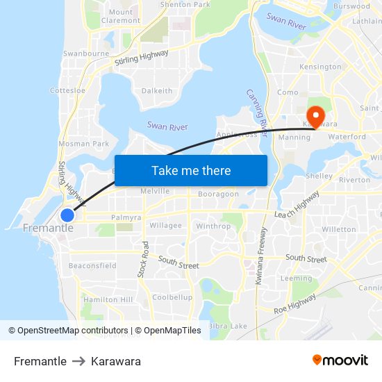 Fremantle to Karawara map