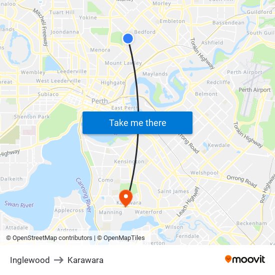 Inglewood to Karawara map