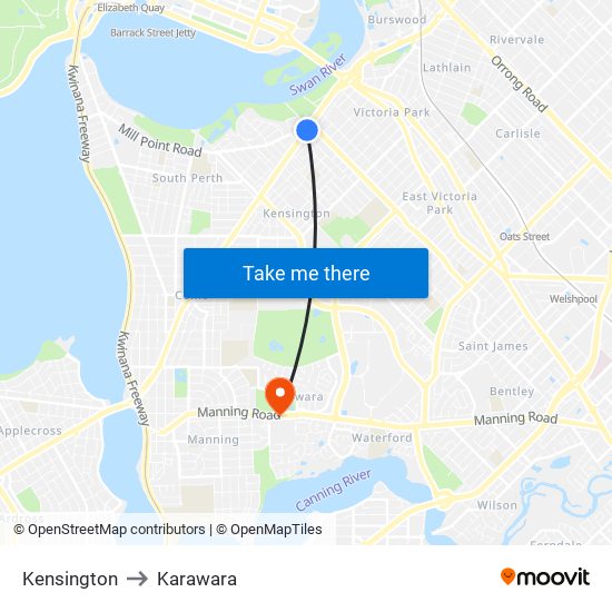 Kensington to Karawara map