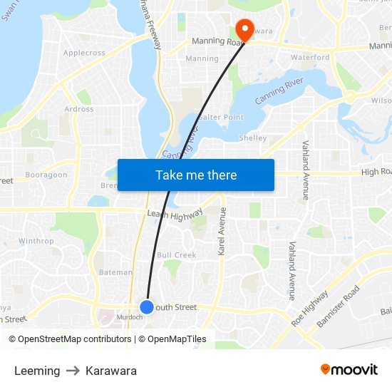 Leeming to Karawara map