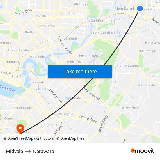 Midvale to Karawara map