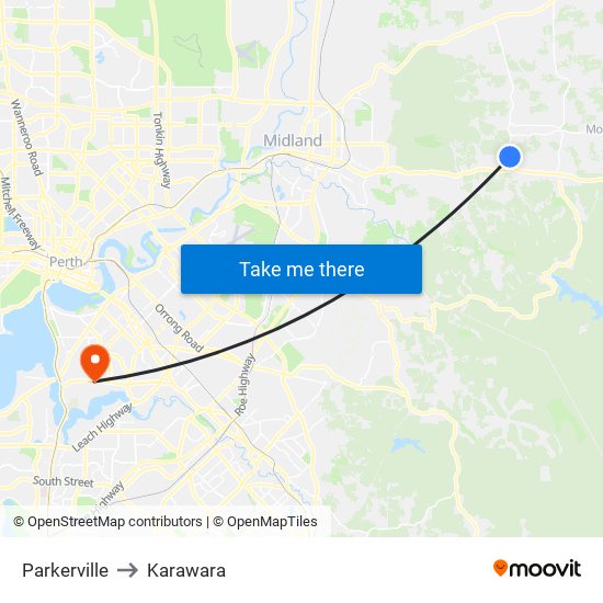 Parkerville to Karawara map