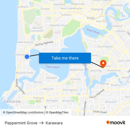 Peppermint Grove to Karawara map