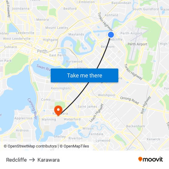 Redcliffe to Karawara map