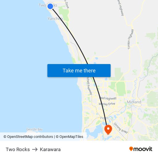 Two Rocks to Karawara map