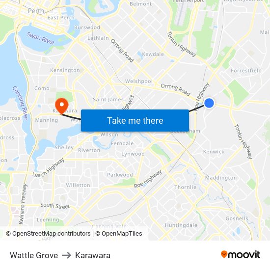 Wattle Grove to Karawara map