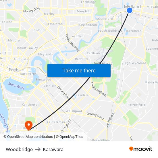 Woodbridge to Karawara map