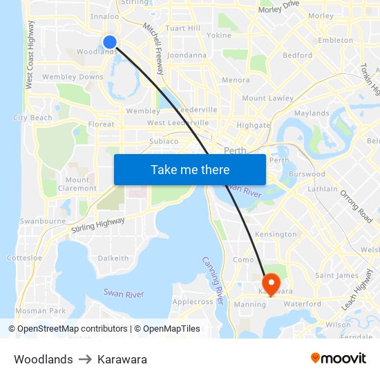 Woodlands to Karawara map