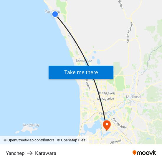 Yanchep to Karawara map