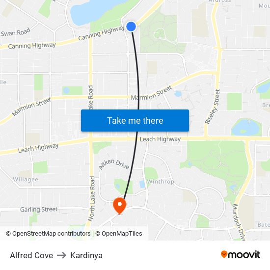 Alfred Cove to Kardinya map