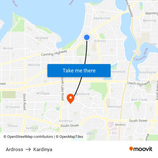 Ardross to Kardinya map