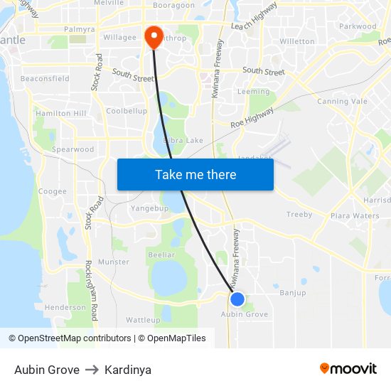 Aubin Grove to Kardinya map