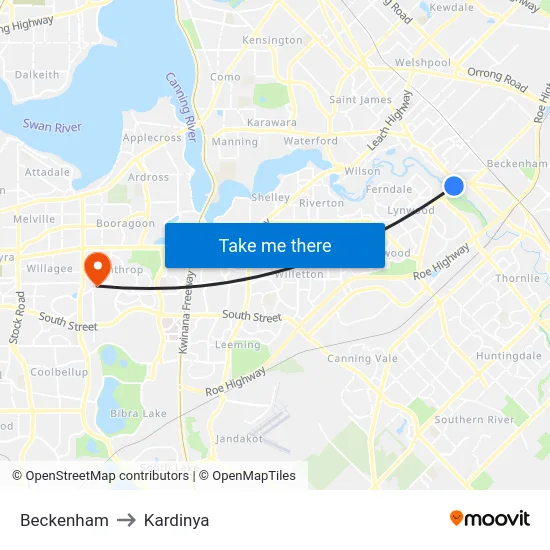 Beckenham to Kardinya map