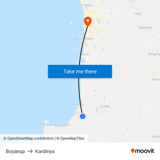 Boyanup to Kardinya map