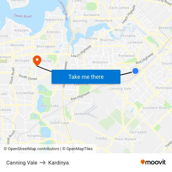 Canning Vale to Kardinya map