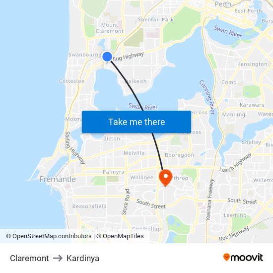 Claremont to Kardinya map