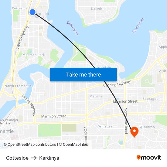 Cottesloe to Kardinya map