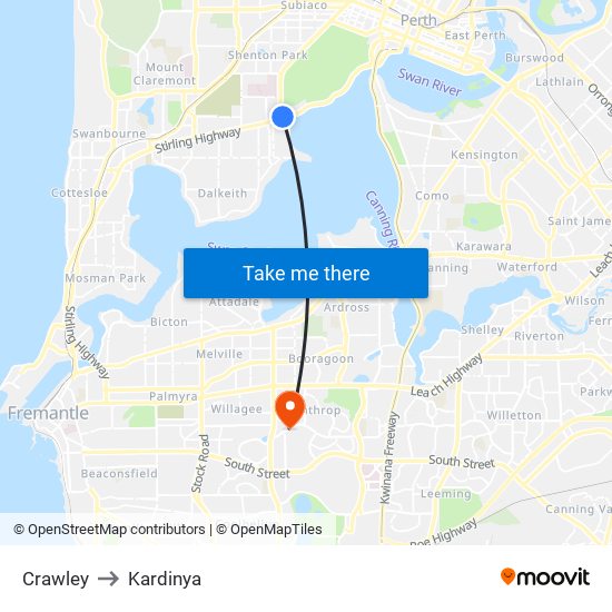 Crawley to Kardinya map