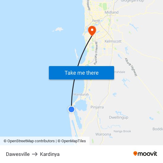 Dawesville to Kardinya map