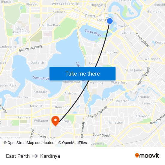 East Perth to Kardinya map