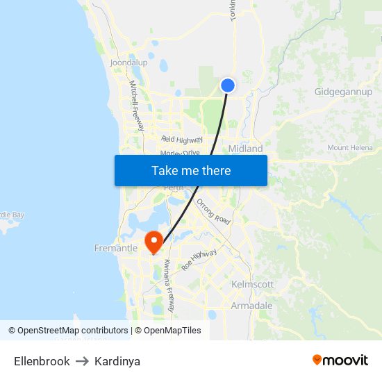 Ellenbrook to Kardinya map