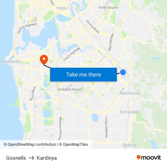 Gosnells to Kardinya map