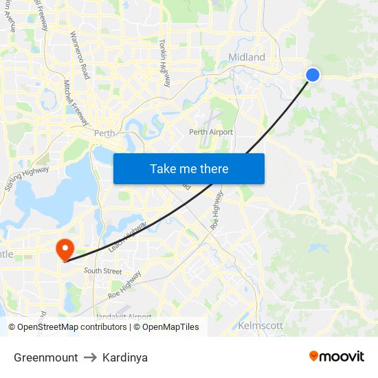 Greenmount to Kardinya map