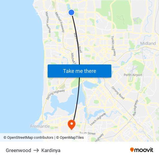 Greenwood to Kardinya map