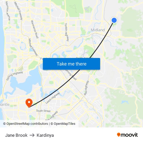 Jane Brook to Kardinya map