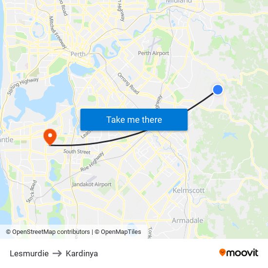 Lesmurdie to Kardinya map