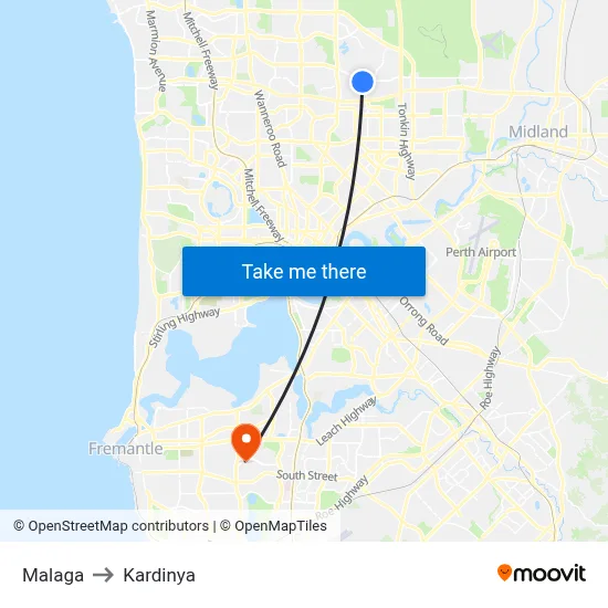 Malaga to Kardinya map