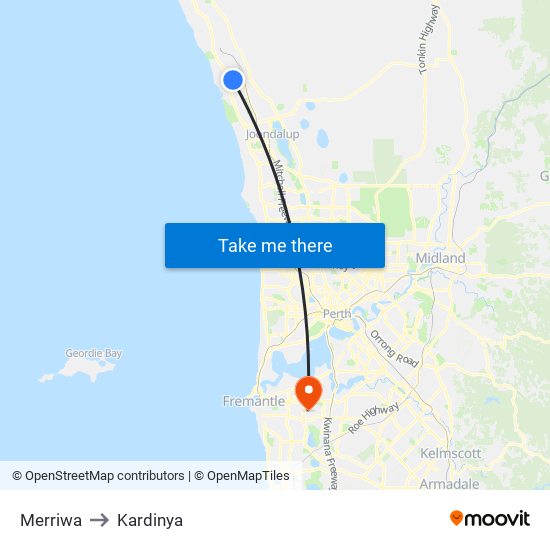 Merriwa to Kardinya map
