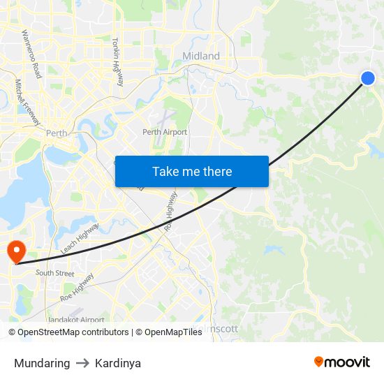 Mundaring to Kardinya map