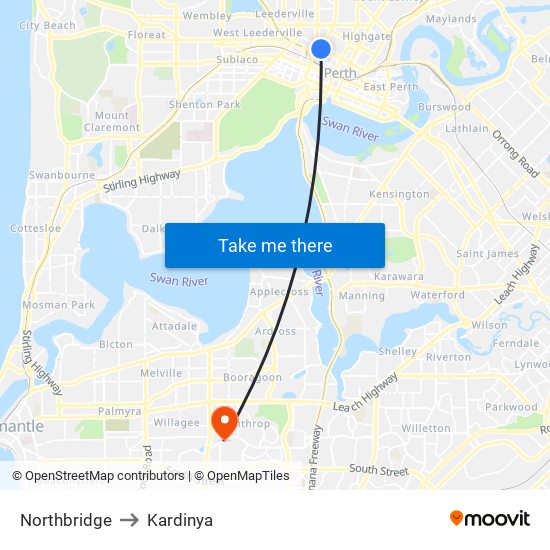 Northbridge to Kardinya map