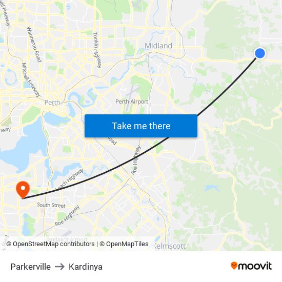 Parkerville to Kardinya map