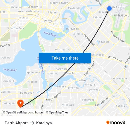 Perth Airport to Kardinya map