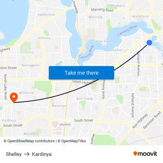 Shelley to Kardinya map