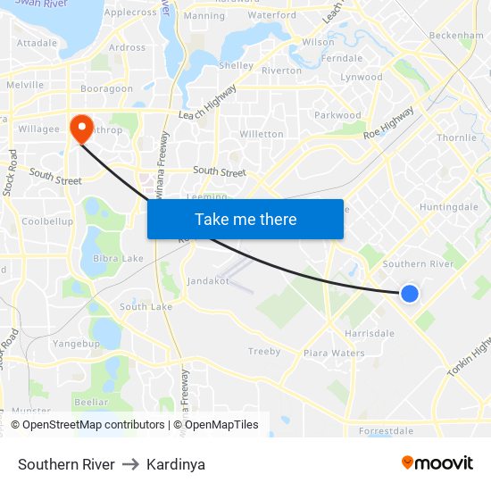 Southern River to Kardinya map