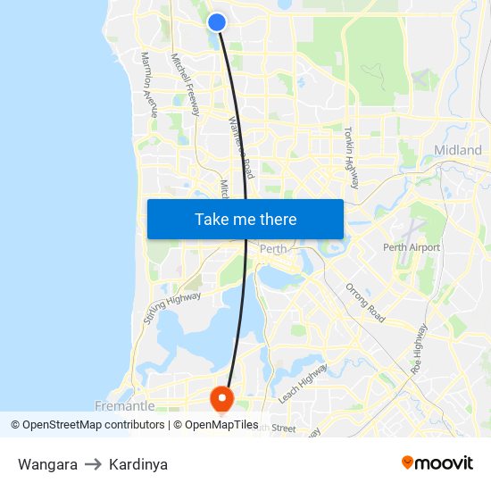 Wangara to Kardinya map