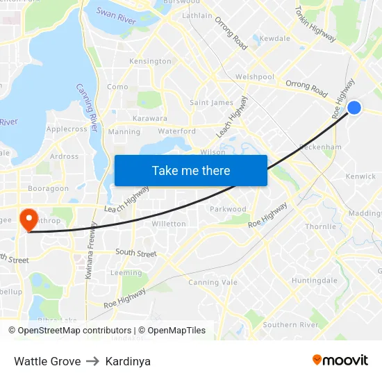 Wattle Grove to Kardinya map