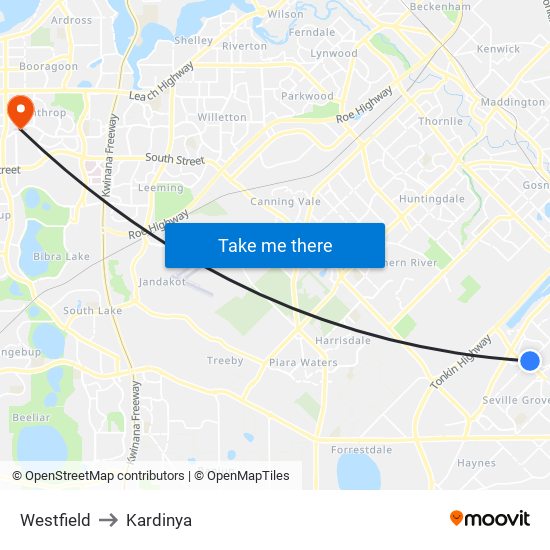 Westfield to Kardinya map